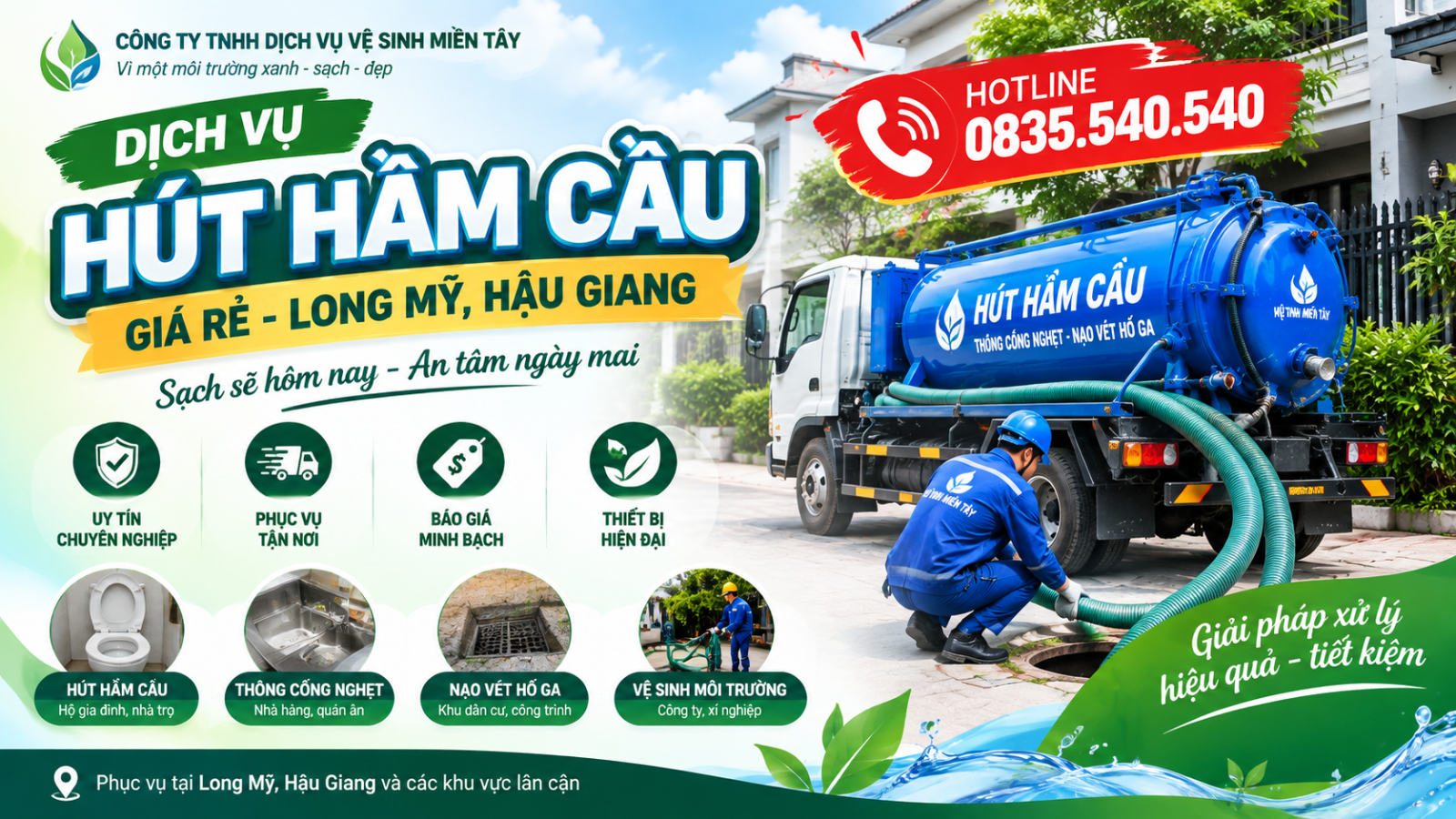 Xe hút hầm cầu chuyên dụng tại Long Mỹ, Hậu Giang